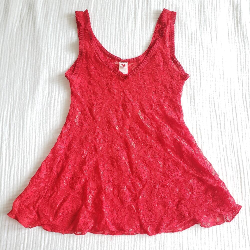 Vintage 90s Womens M Red Lace Sheer Camisole Lingerie Romantic Floral Coquette